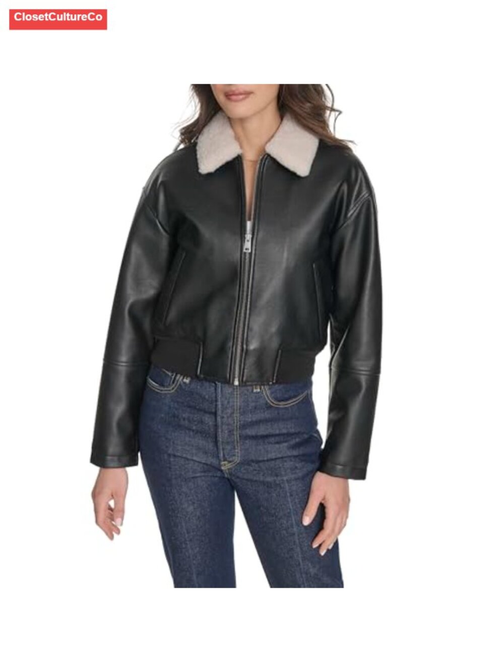 Faux Leather Bomber Jacket with Laydown Sherpa Collar